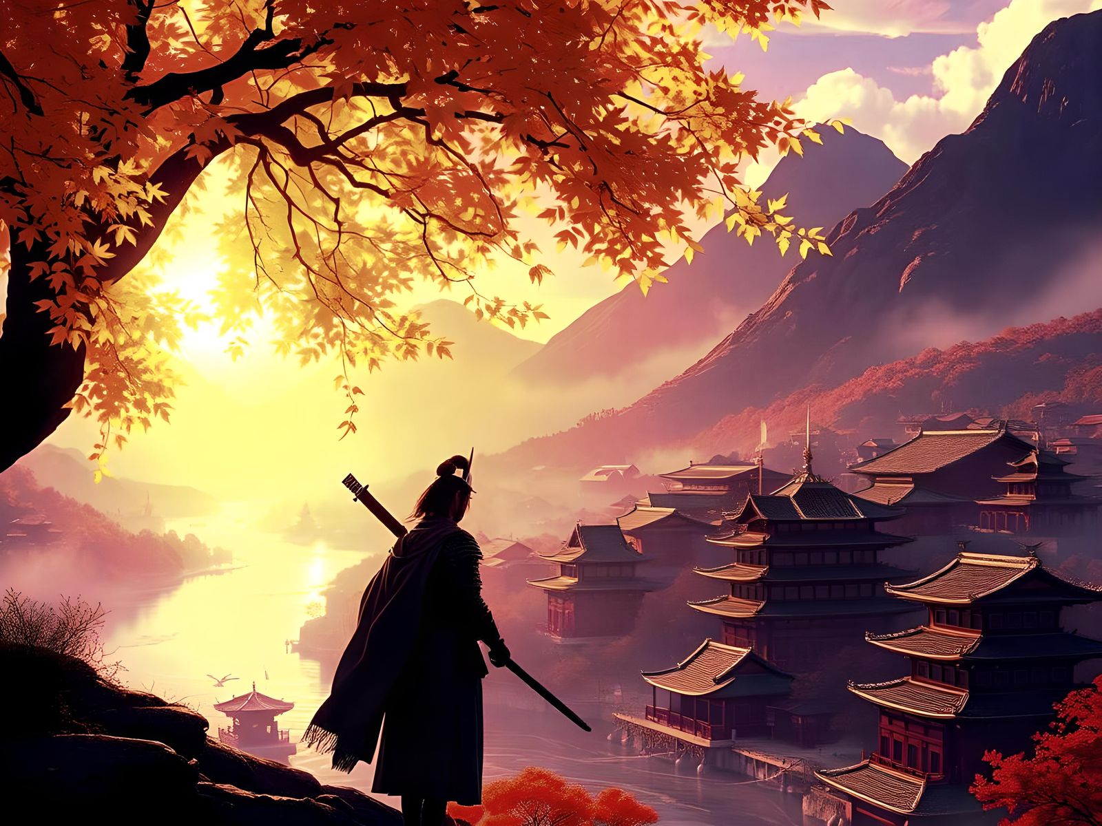 Samurai Contemplation by River at Sunset