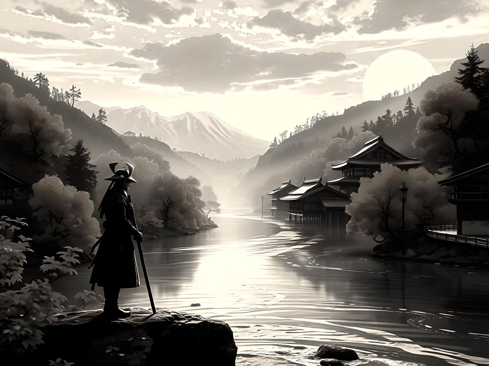 Samurai Reflecting at Sunset: Dark Fantasy Concept Art