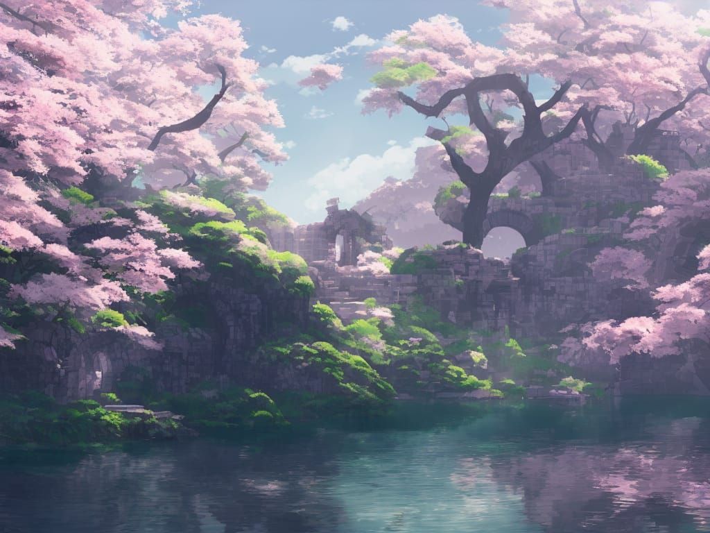 Ruins and a lake surrounded with cherry blossom
