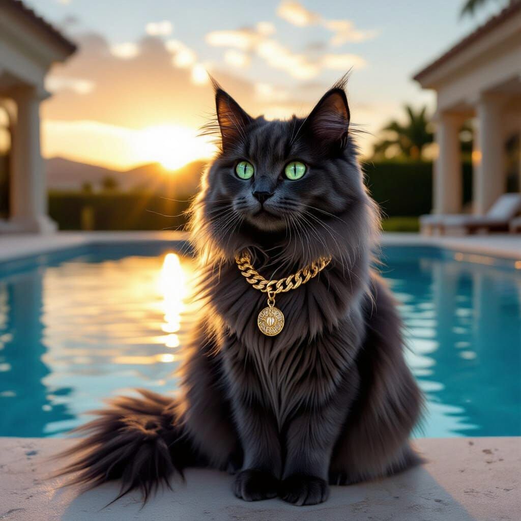 Fluffy Nebelung Cat by Luxury Pool at Sunset