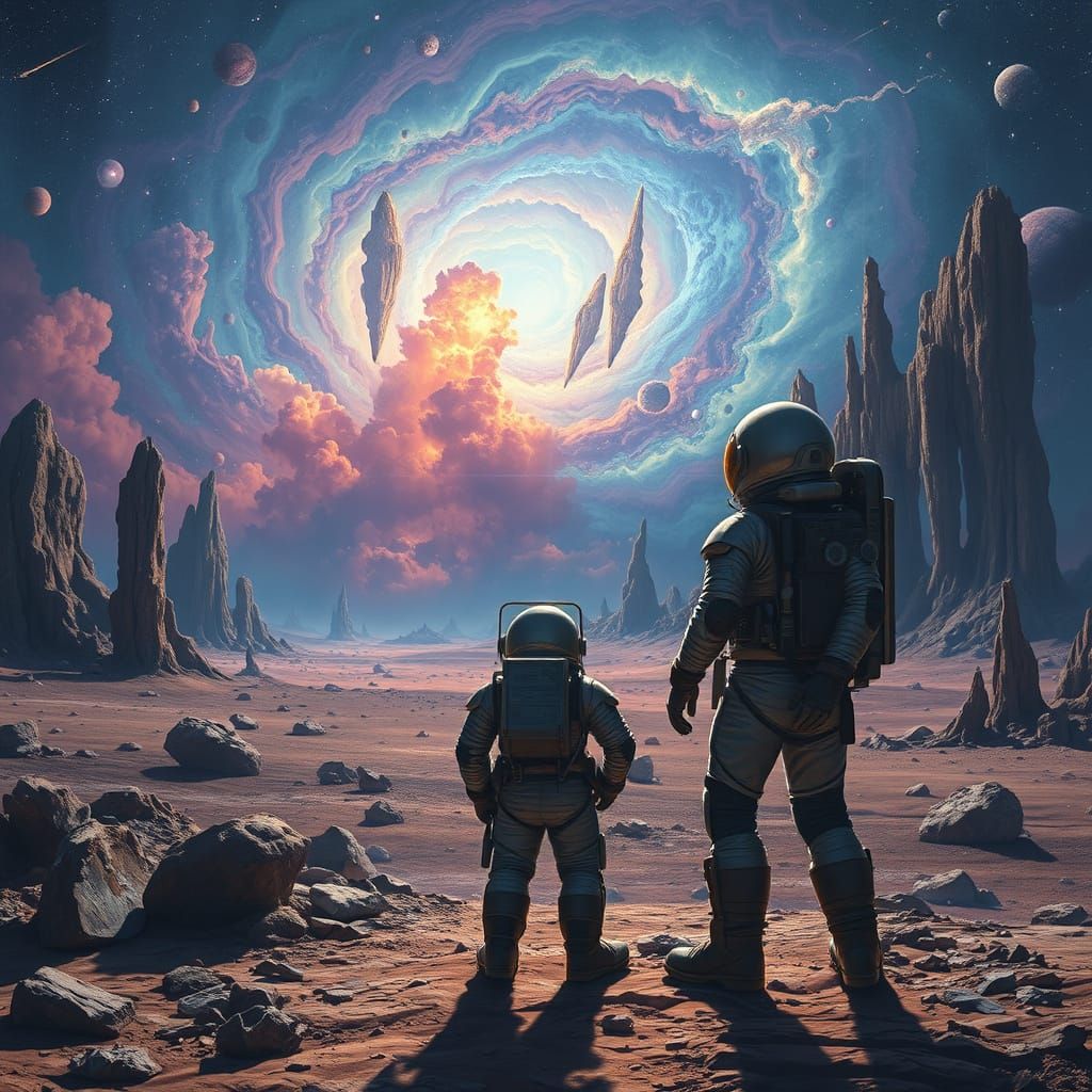 Astronaut Gazing at Nebula in Surreal Landscape