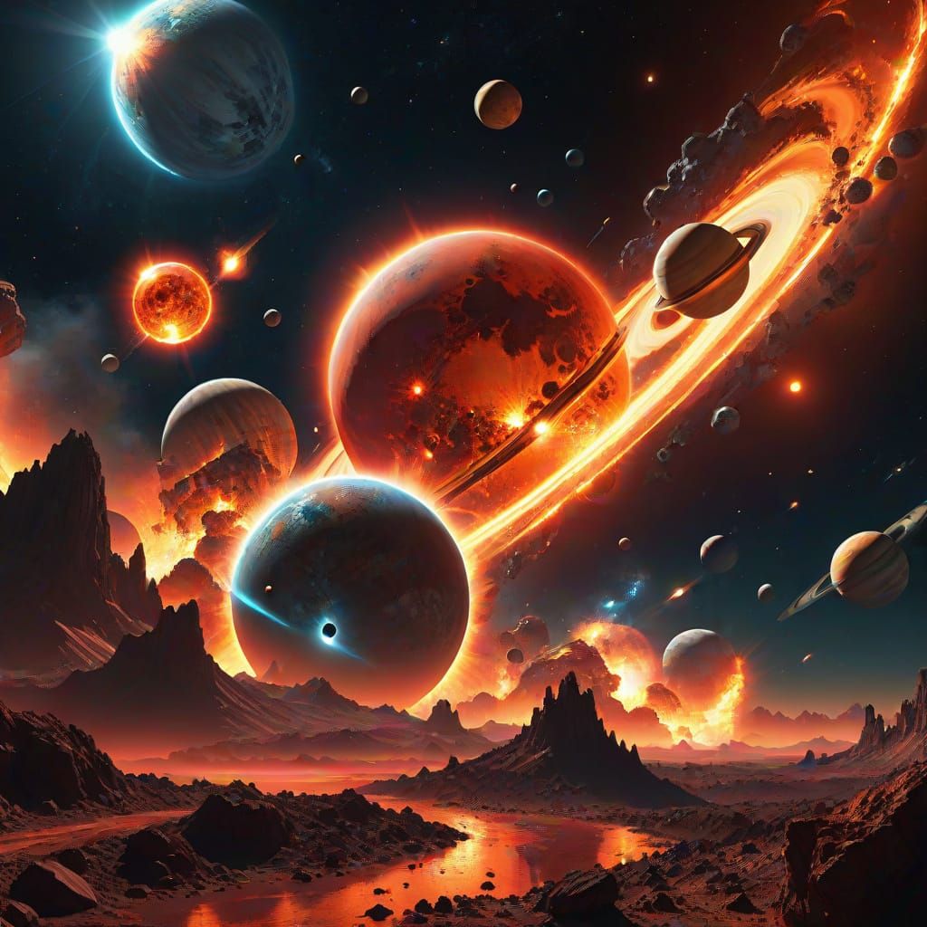 Cosmic Surrealism: Planets Align in Fiery Collision
