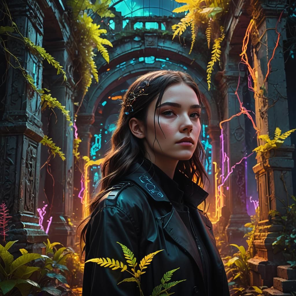 Teenage Girl in Futuristic Attire Among Neon Ruins