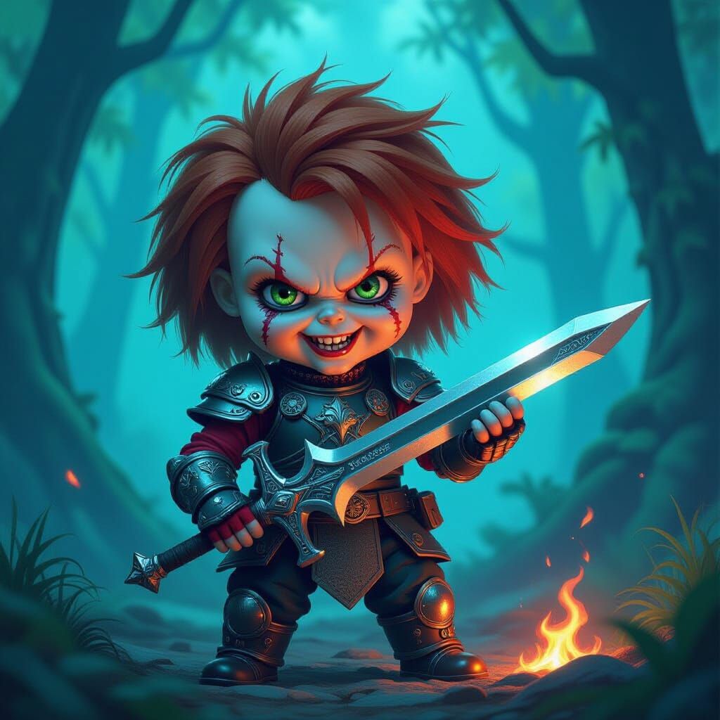 Chucky in Final Fantasy Warrior Gear with Excalibur