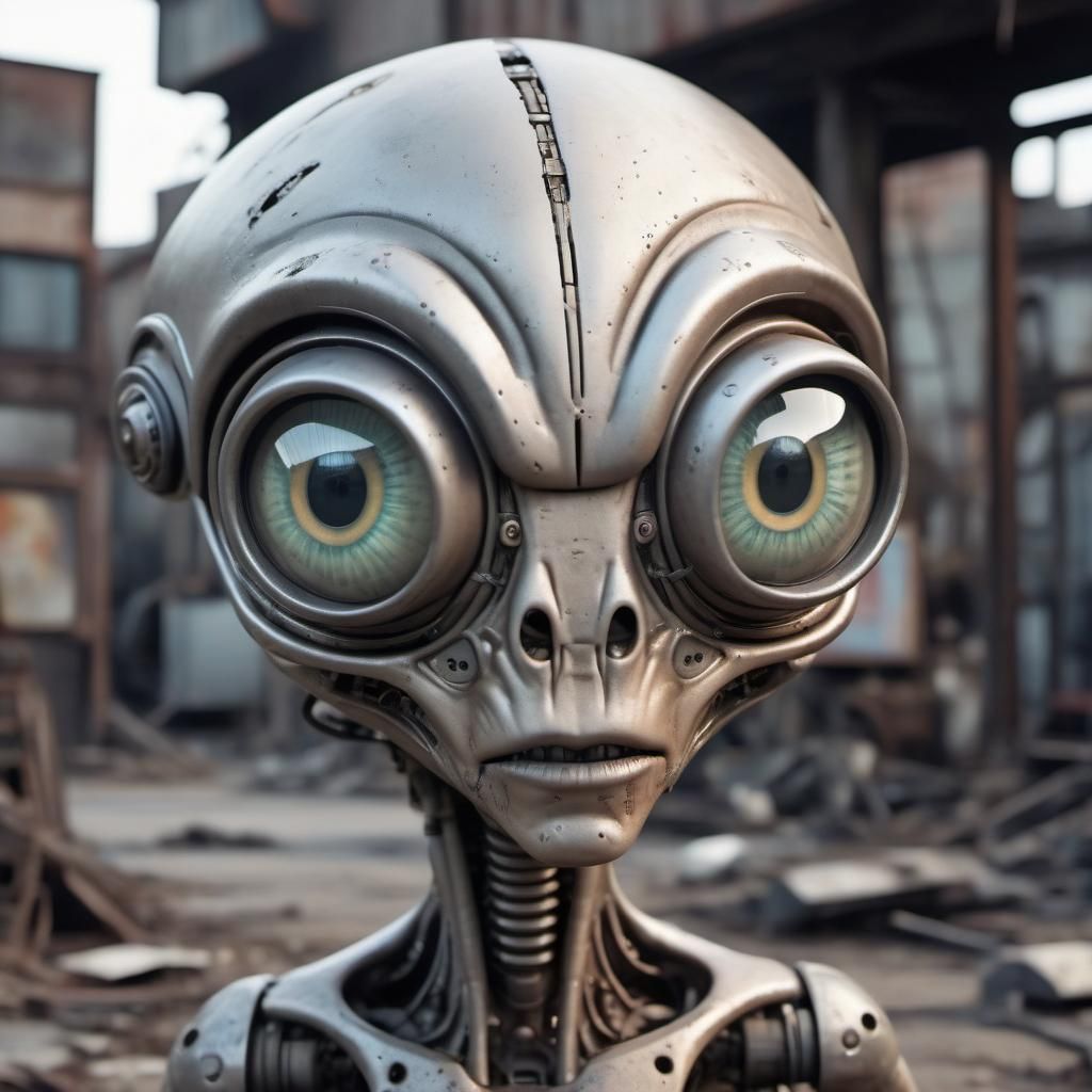 Cartoon Robotic Alien in Dystopian Industrial Ruins