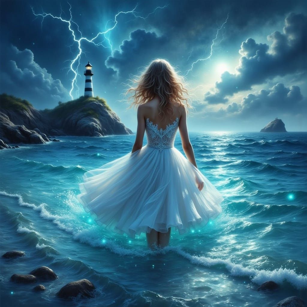 Woman in Bioluminescent Ocean, Ethereal Lighting