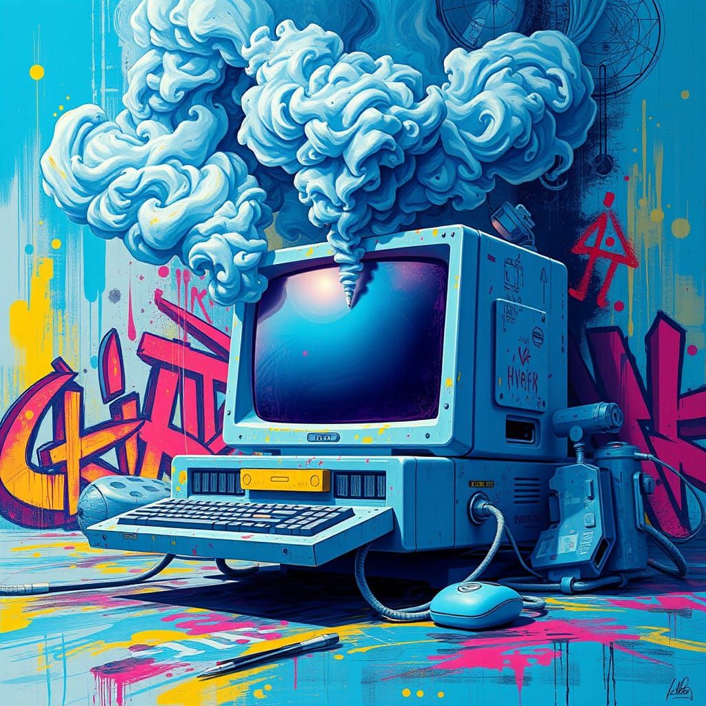 Vibrant, Futuristic Computer in Dystopian Street Art Style