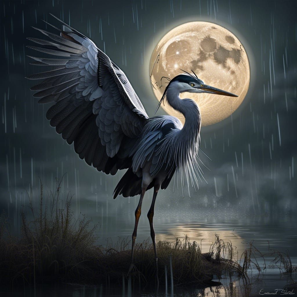 Majestic Heron with Cobwebs in Moonlight