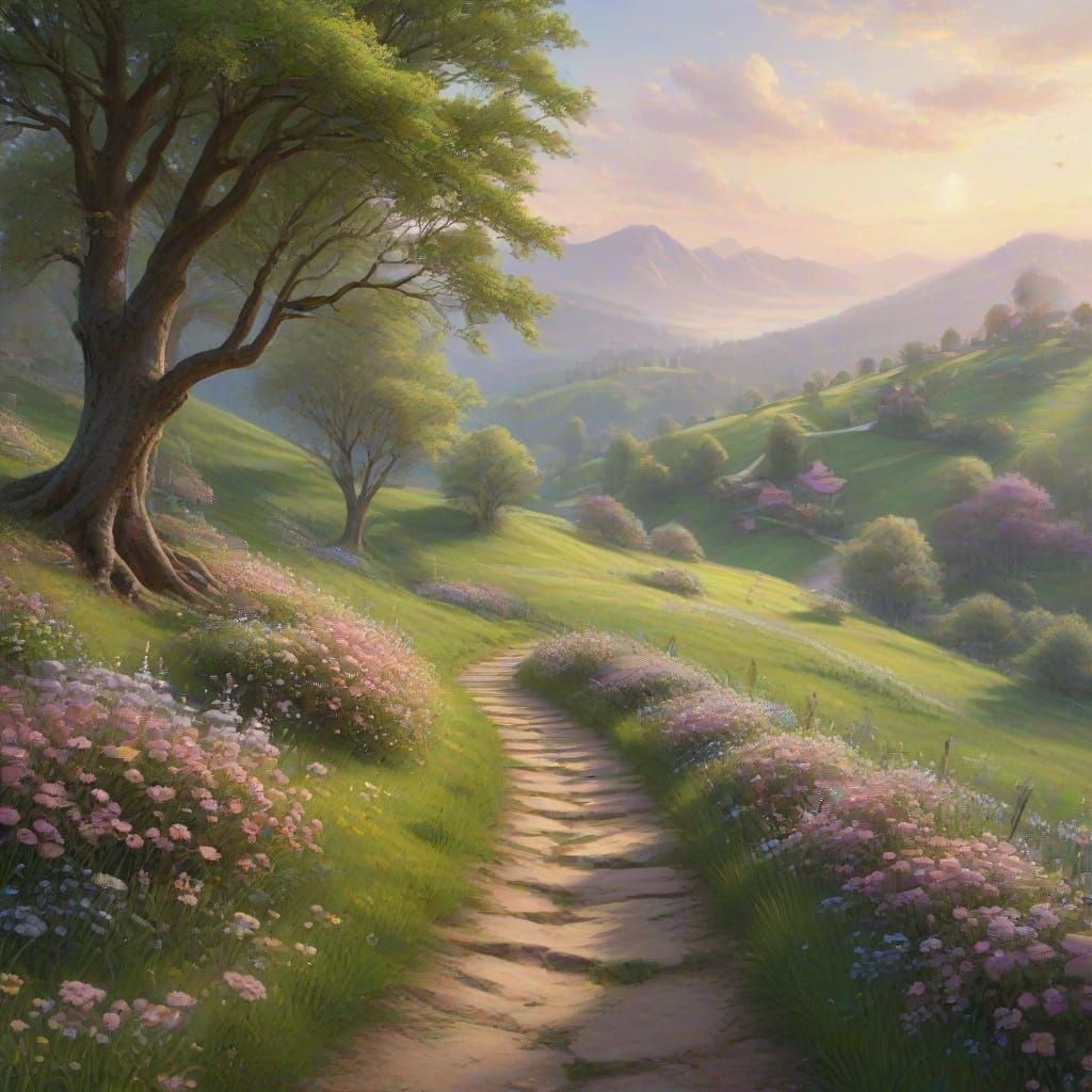 Dreamy Fantasy Landscape with Blossoming Trees