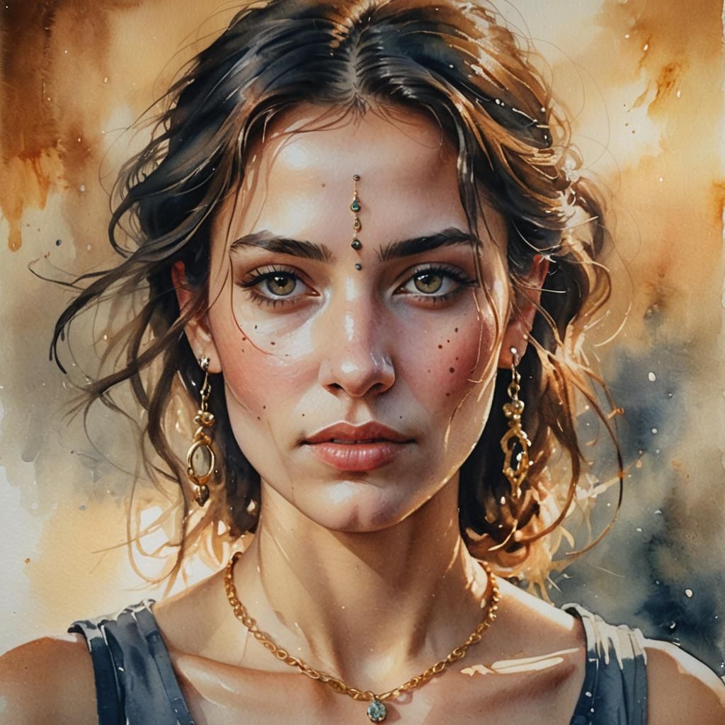 Mysterious Woman Portrait with Nose Piercing in Watercolor