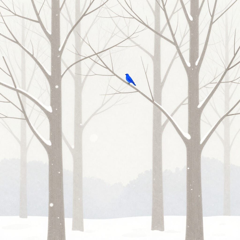 Minimalist Winter Trees with Blue Bird in Gentle Snowfall