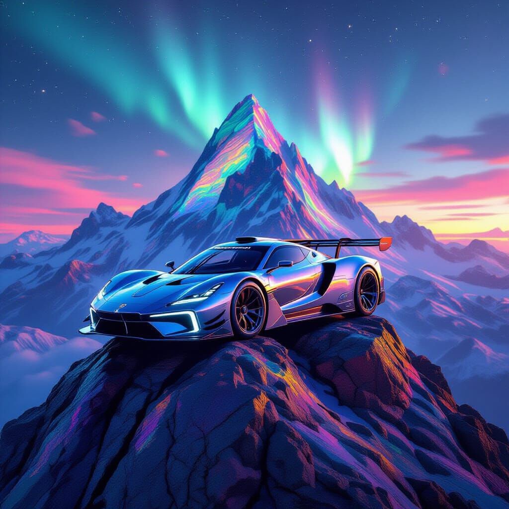 Futuristic Racing Car on Kaleidoscopic Mountain