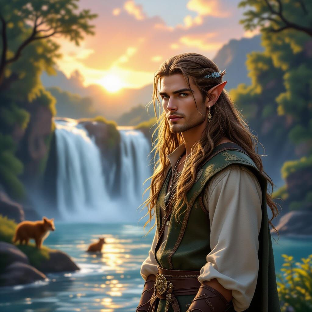 Male Fae by Waterfall at Sunset with Animals