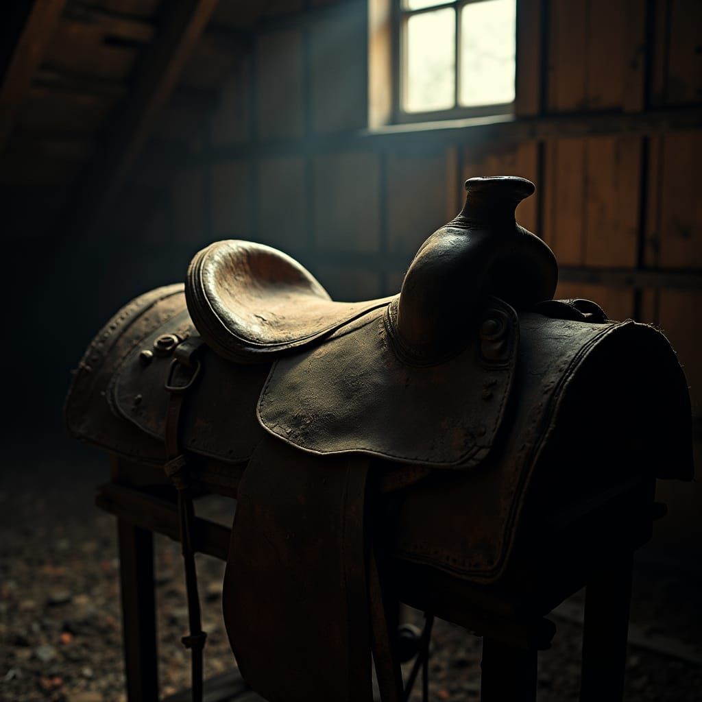 Weathered Antique Horse Saddle in Dim Attic Light