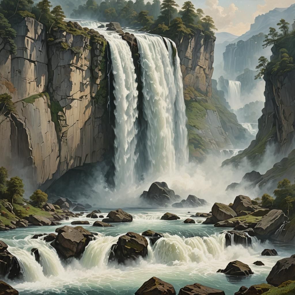 Lush Waterfall Scene with Magical Flowers