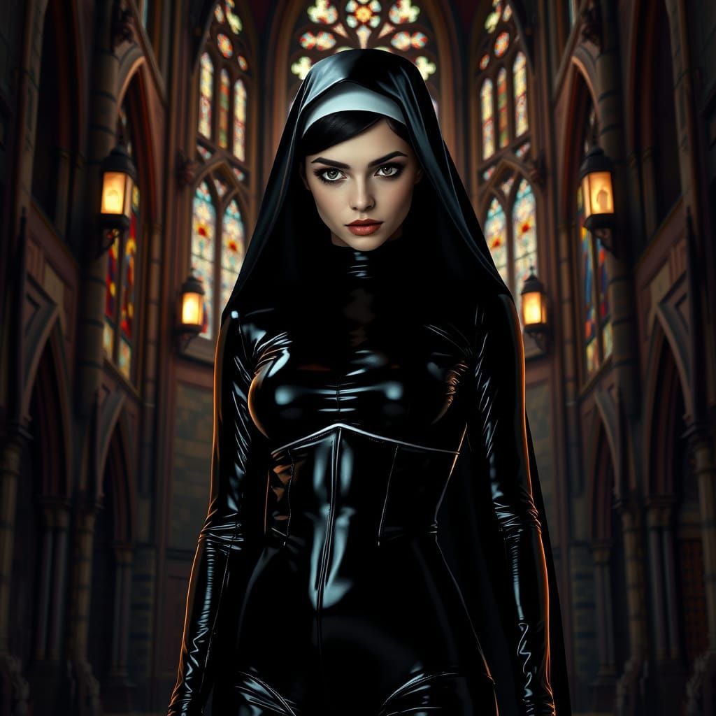 Young Nun in Gothic Latex Bodysuit against Ornate Church Bac...