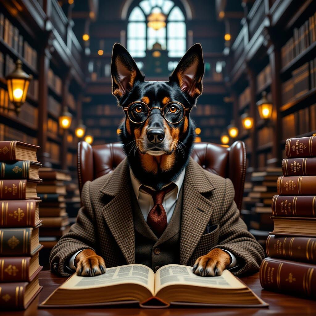 Scholar German Pinscher in Library, Soft Airbrush Art