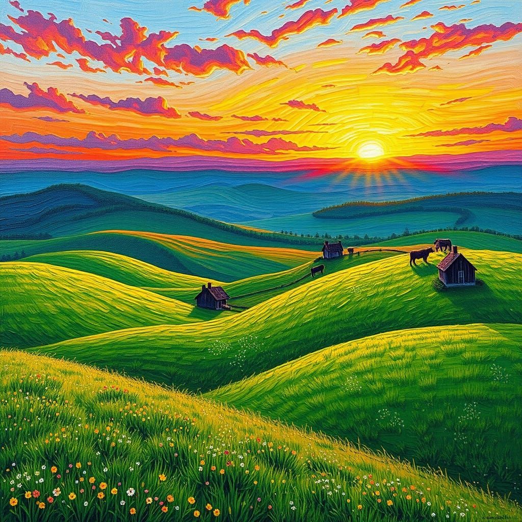 Countryside Landscape at Dawn as Impasto Painting