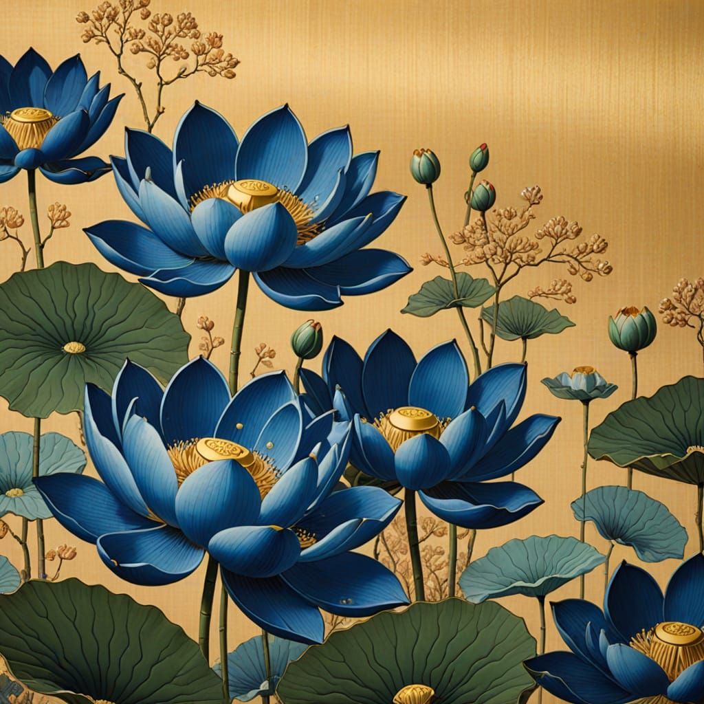 Blue Lotus in Ukiyo-e Style with Gold Accents