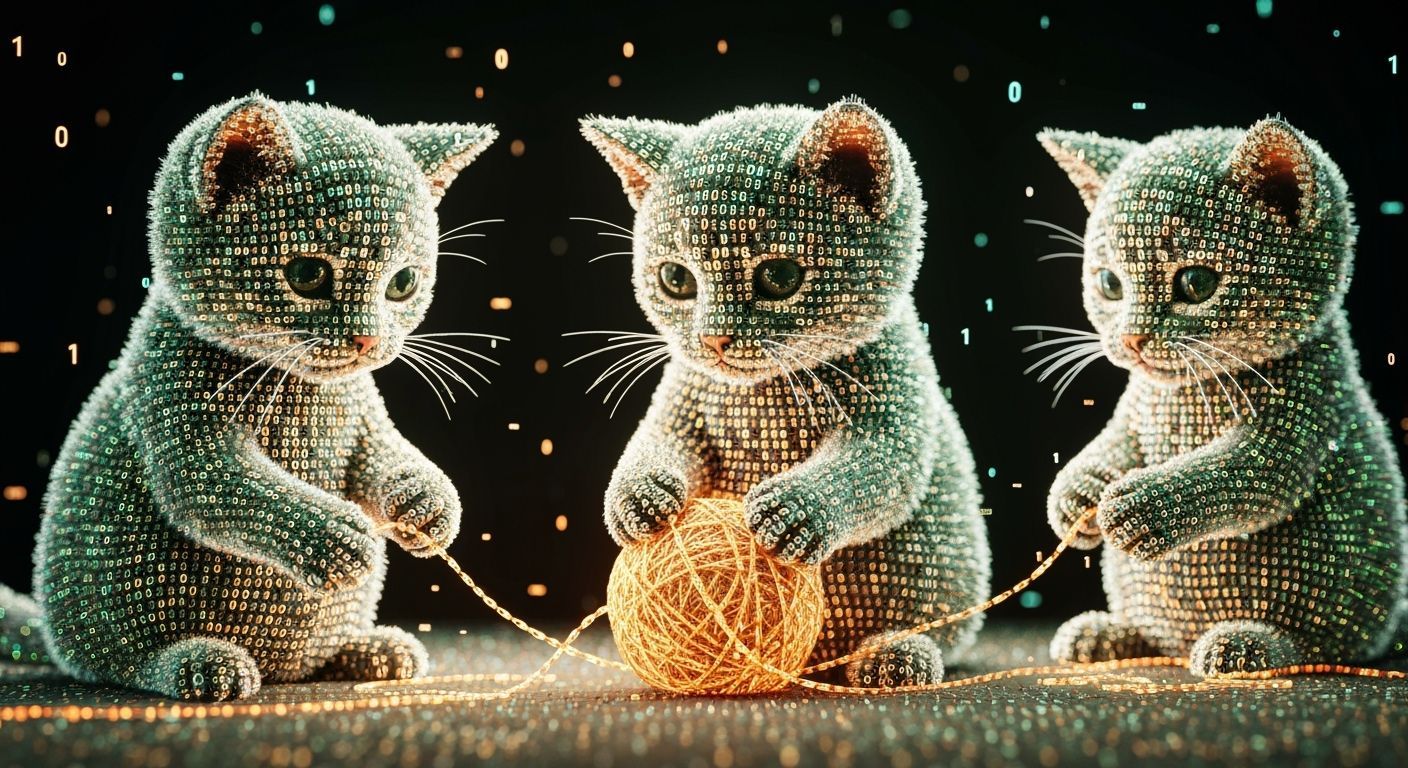 Cute Kittens Made of Binary Code Play With Yarn