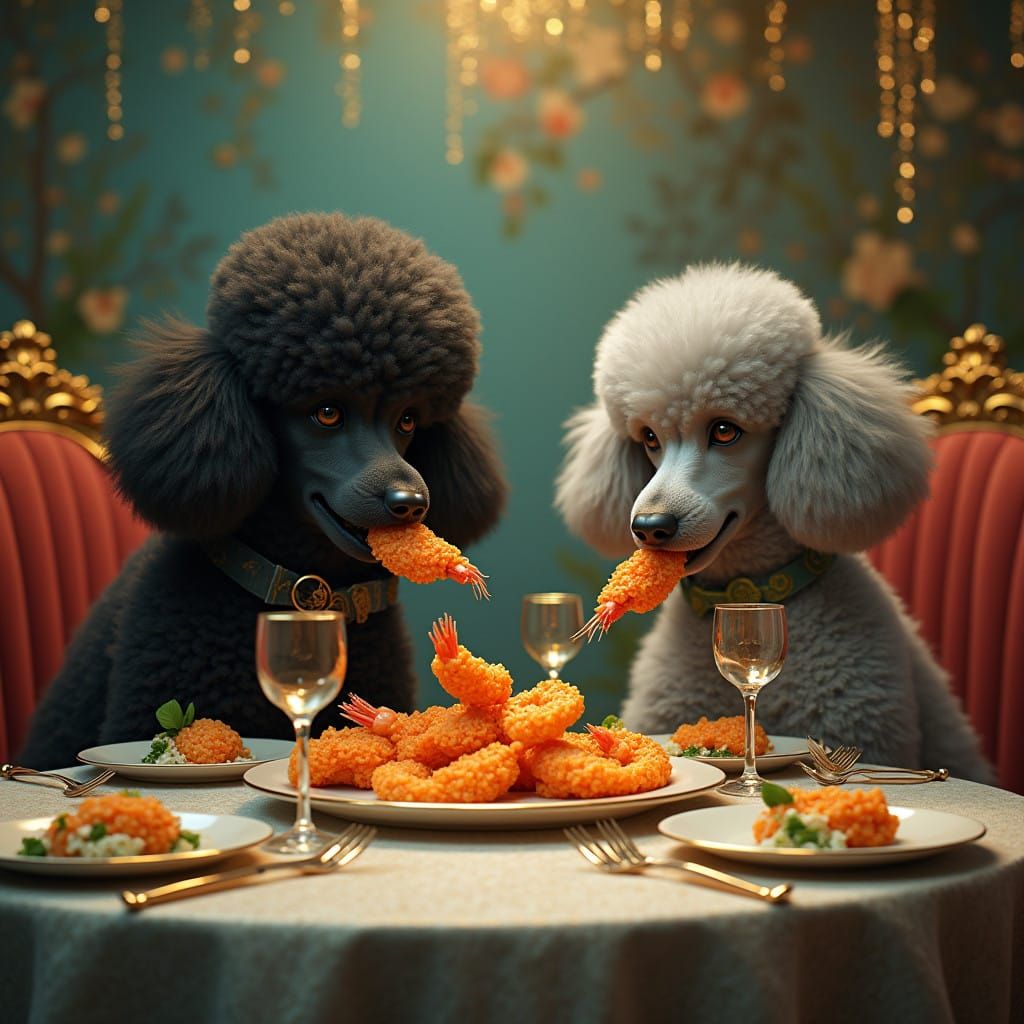 Elegant Poodles Dine in Whimsical, High-Contrast Digital Art