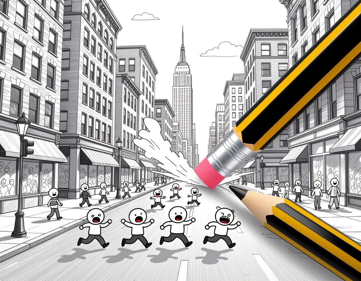 Giant Eraser Pencil Destroys Cityscape in Surreal Art