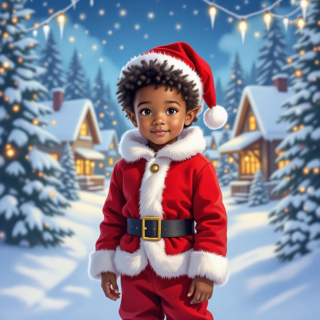 Hyperrealistic Elf Child in Whimsical North Pole Village