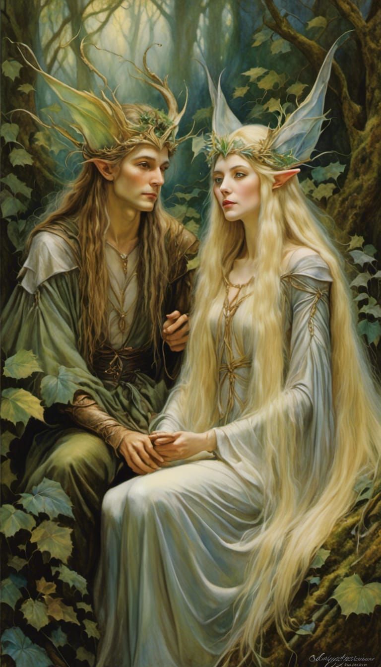 Elven King and Queen Portrait in Art Nouveau Style