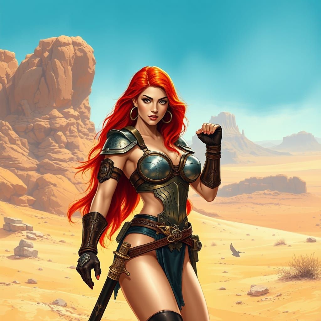 Red-Haired Warrior in Desert Landscape
