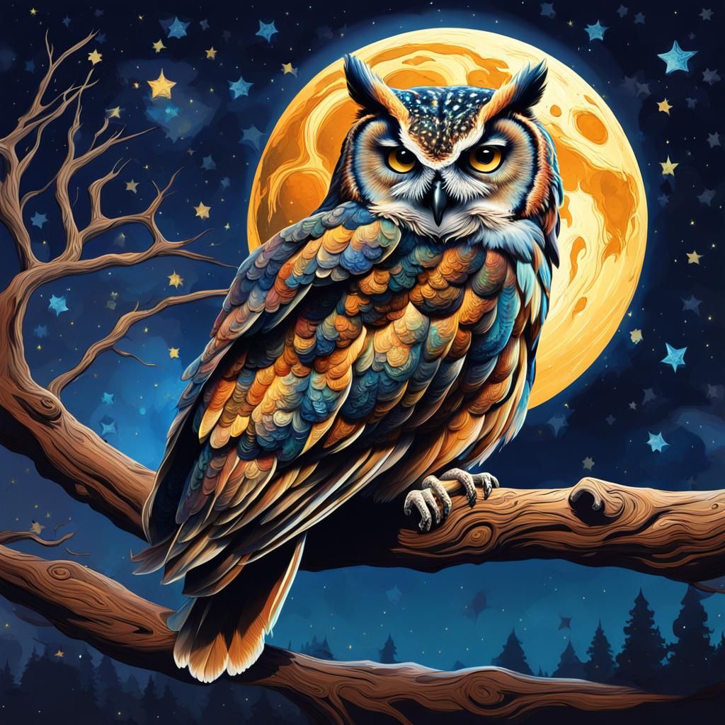 Hyperrealistic Owl on Branch Under Moonlight