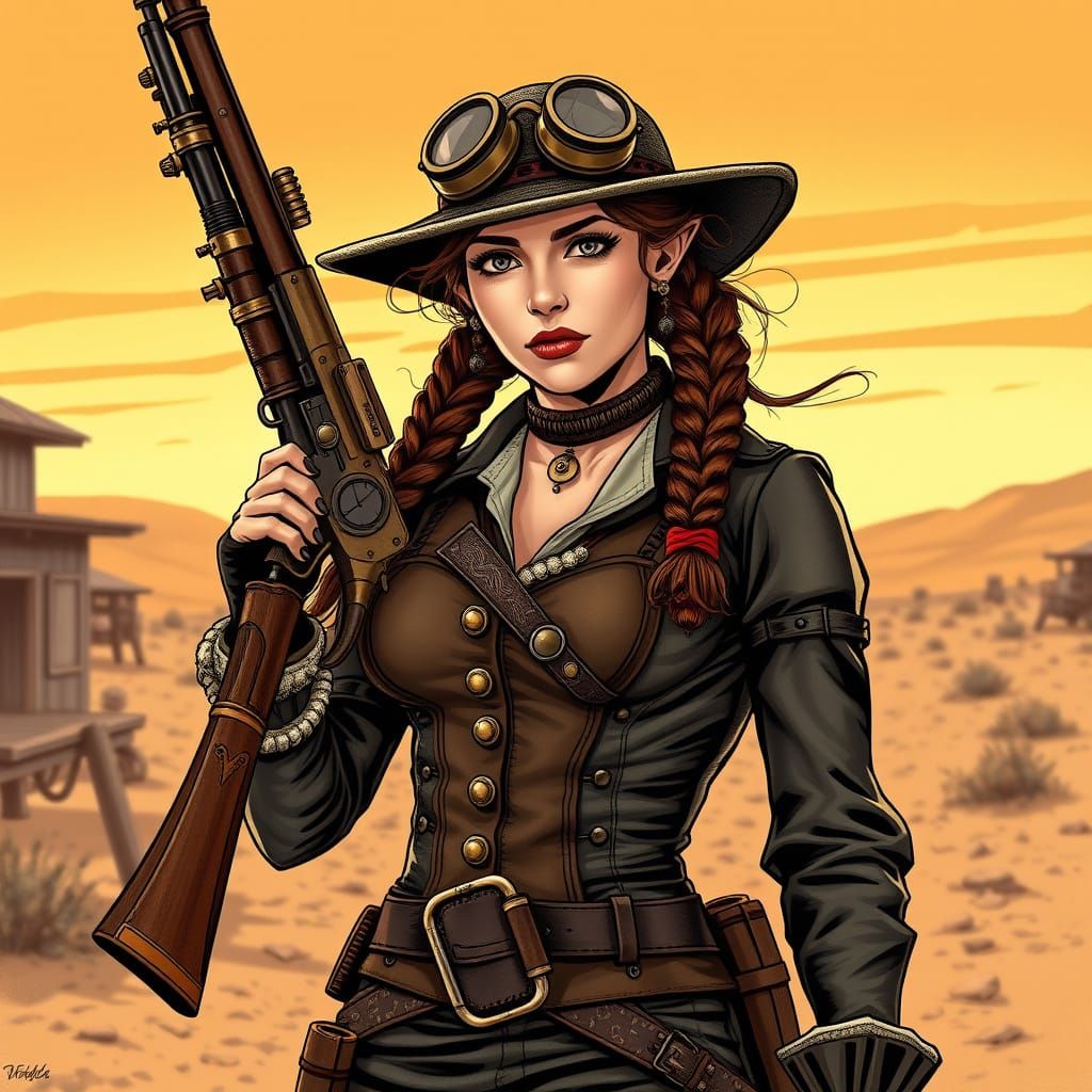 Steampunk Annie Oakley Rides the Sunset