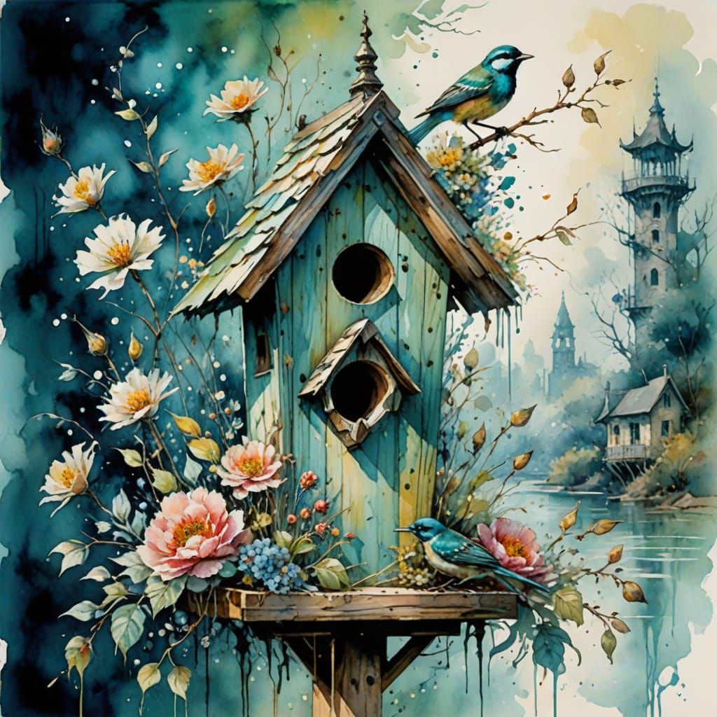 Watercolor. A vibrant bird house, with delicate patterns and intricate designs, whimsical style of Claude Monet's impres...