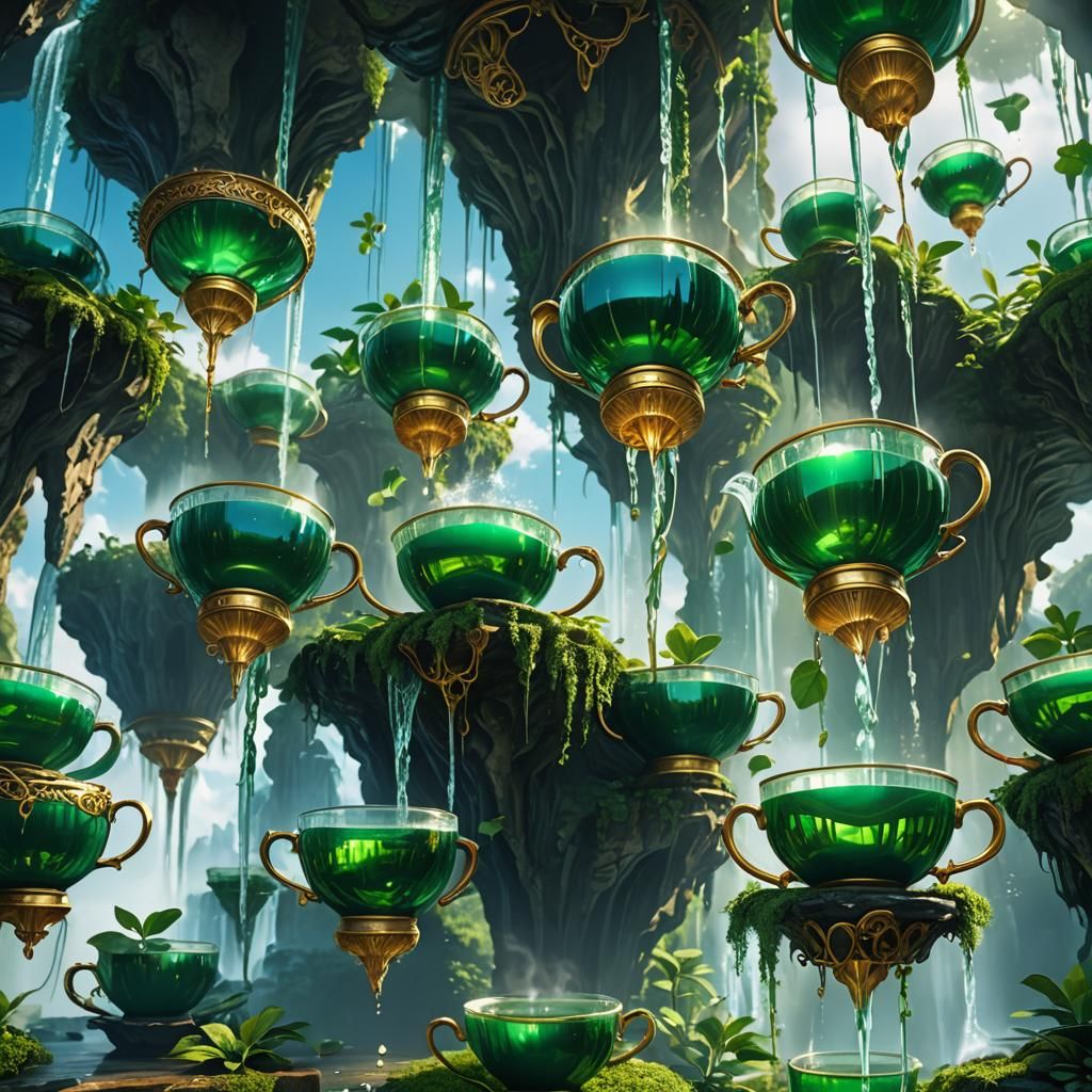 Tea Waterfall Over Emerald Cups: Detailed Fantasy Art