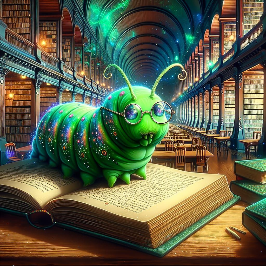 Bookworm Caterpillar in a Visionary Library