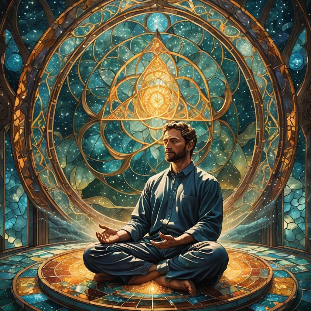 Meditating Man in Tiffany Glass Non-Euclidean Room