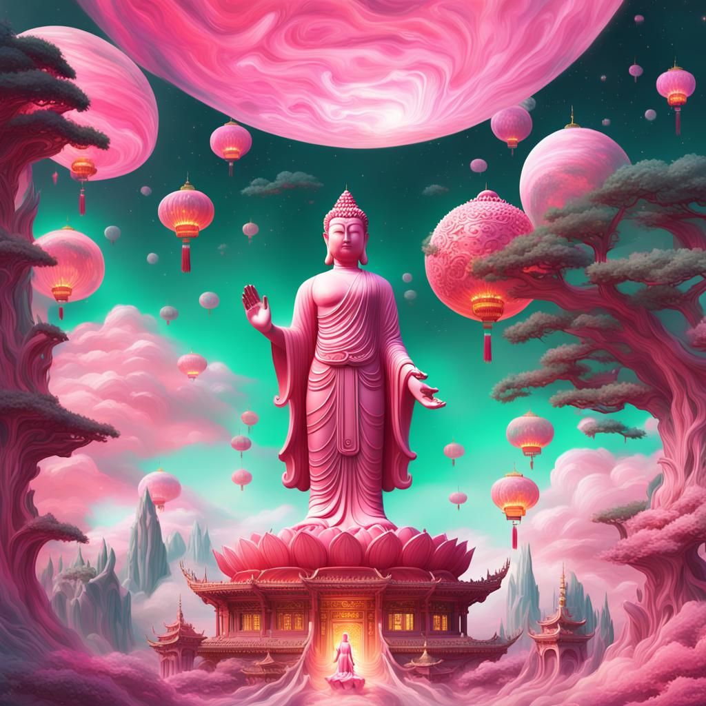 Pink Buddha on Venus: Surreal Sci-Fi Art