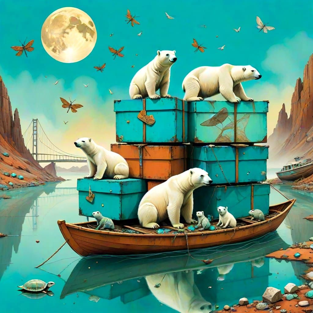 Surreal Birds in Turquoise Boxes on Misty Lake