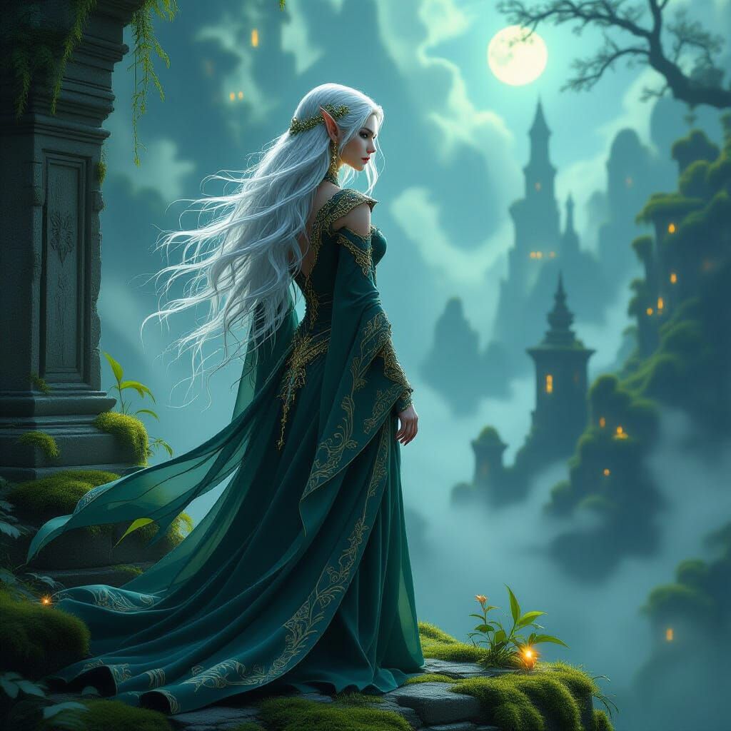 Elven Sorceress on Ruin Overlooking Mystical Forest