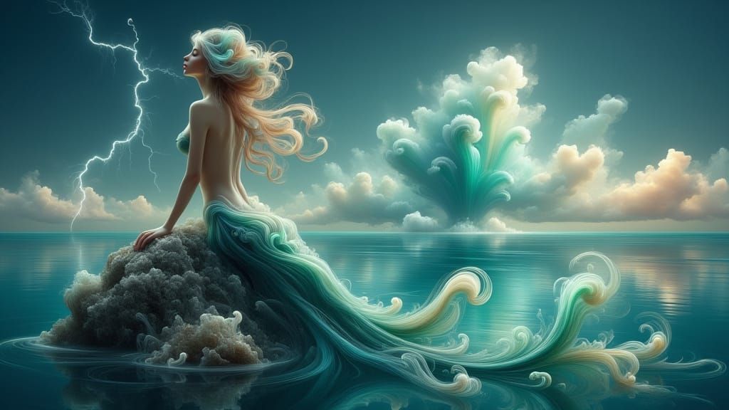 Enchanting Mermaid in Ethereal Oceanic Stormscape