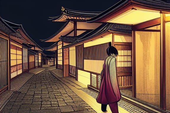 Nighttime Japanese Village Scene: Digital Illustration