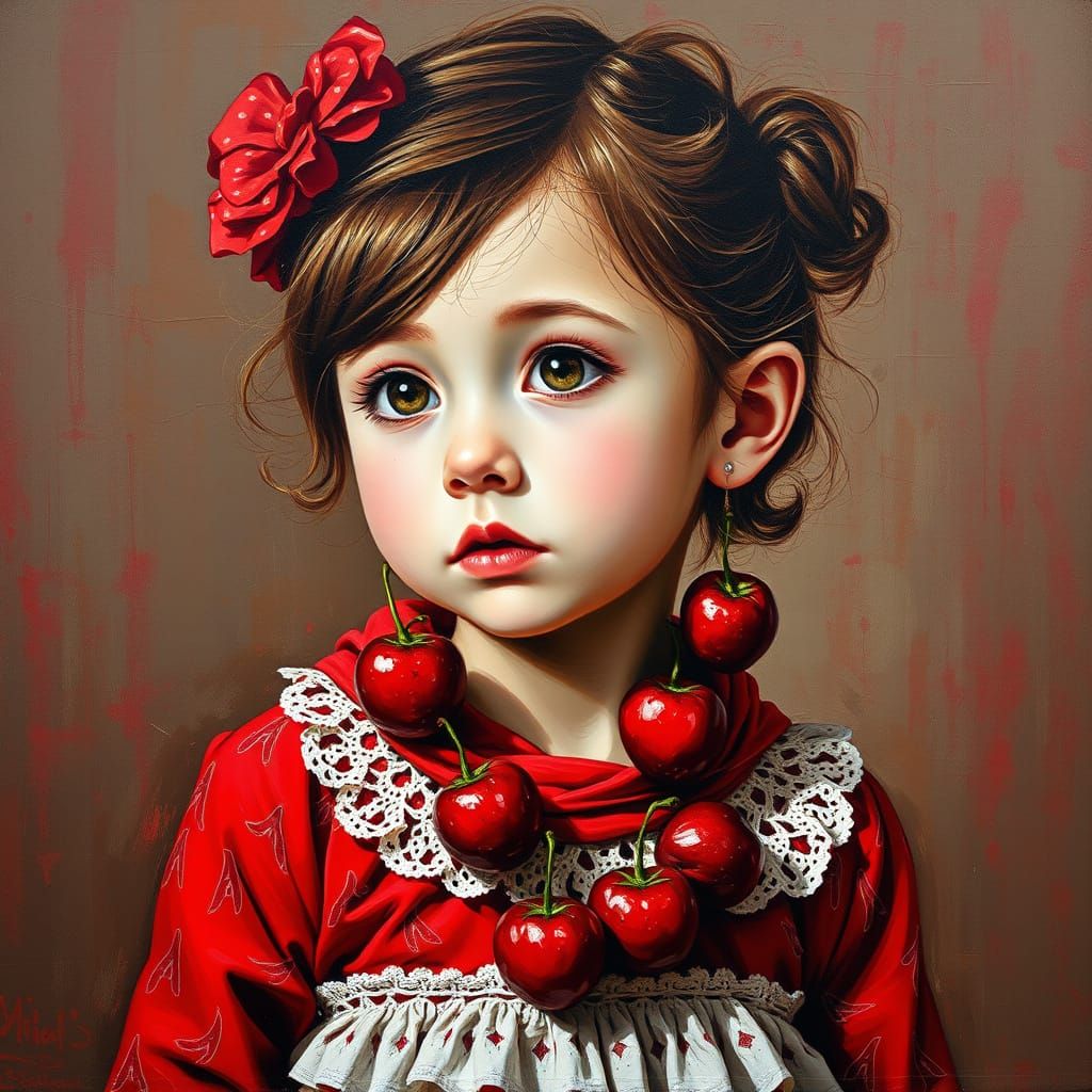 Girl Picking Cherries in Graffiti Street Art Style