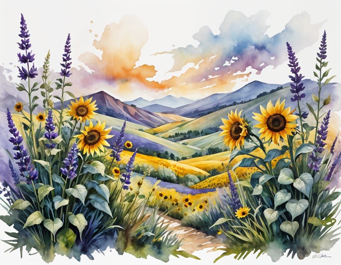Surreal Watercolor Landscape with Lavender and Sunflowers