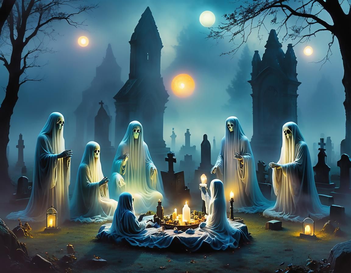 Ethereal Ghosts Picnic in Gothic Cemetery Concept Art