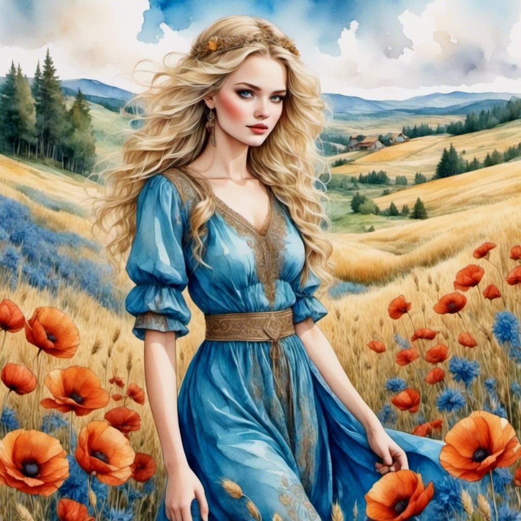 Slavic Goddess Mokosz Harvesting in Watercolor Style
