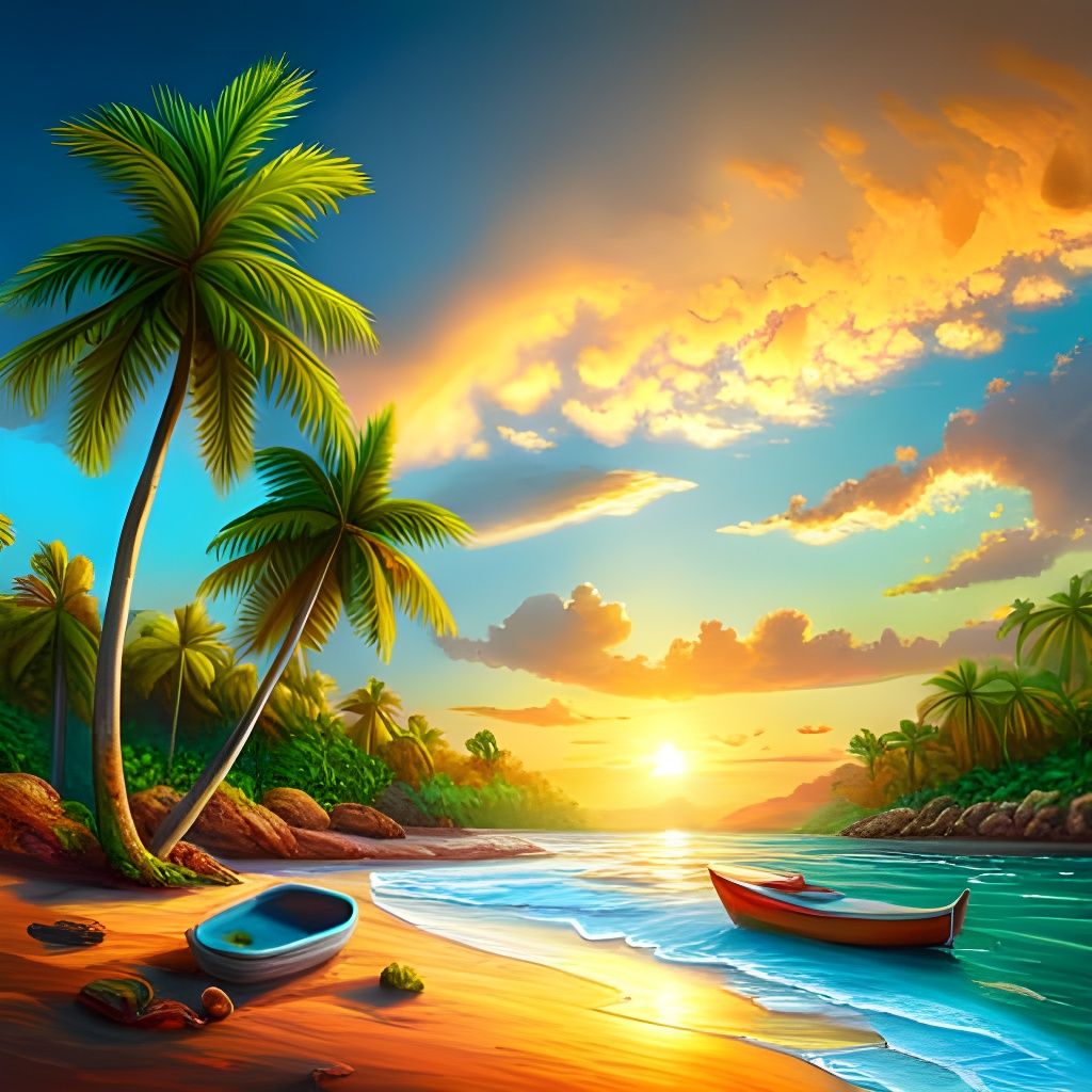 Tropical Beach Scene with Children, Detailed Digital Art