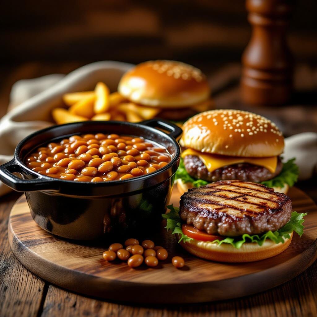 Glistening Baked Beans and Juicy Burger Comfort Food