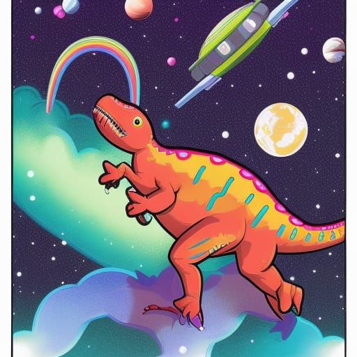 Rainbow Dinosaur in Space: Comic Book Art