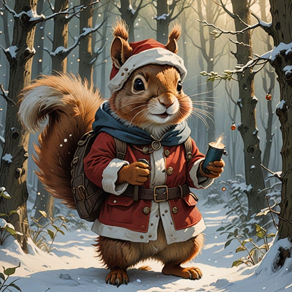Regal Santa Squirrel in Winter Wonderland