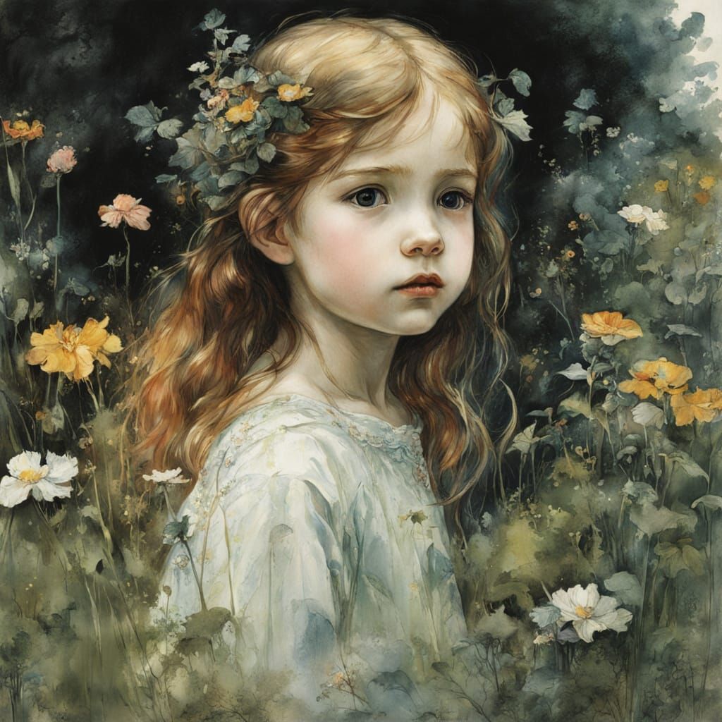 Girl in Enchanting Garden in Storybook Style