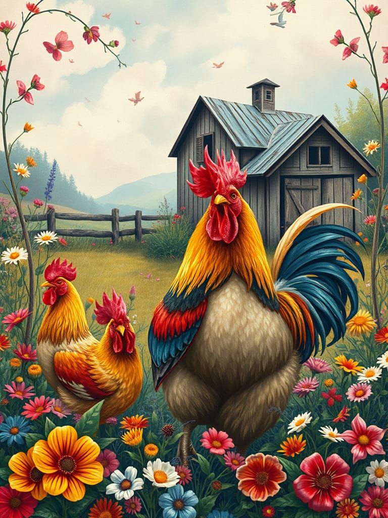 Folk-Art Rooster Amidst Whimsical Wildflowers and Rustic Far...
